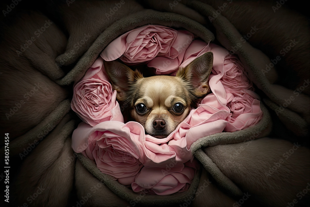 Obraz premium This beautiful Illustration captures the sweet and endearing personality of a cute Chihuahua snuggled up inside a bundle of pink blankets, arranged like a bed of roses.