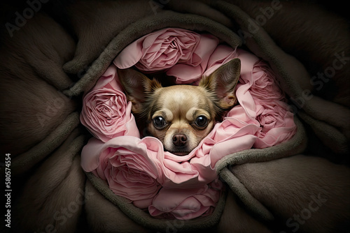 This beautiful Illustration captures the sweet and endearing personality of a cute Chihuahua snuggled up inside a bundle of pink blankets, arranged like a bed of roses.