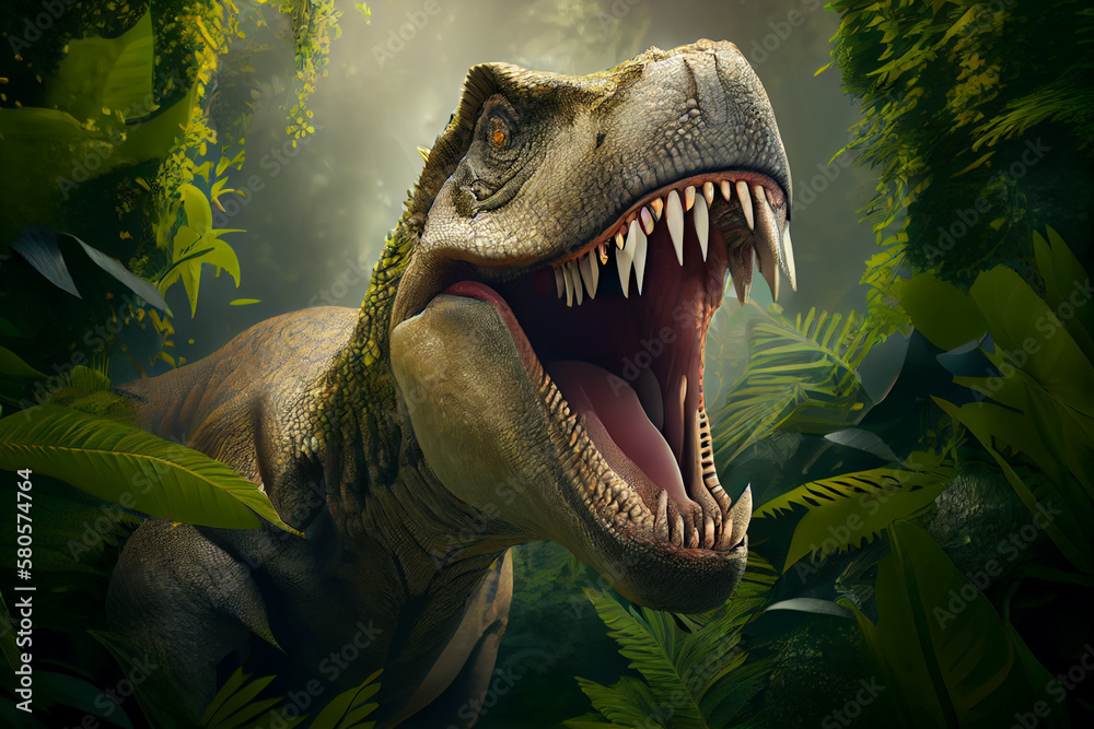 Tyrannosaurus Rex with its mouth wide open and sharp teeth showing