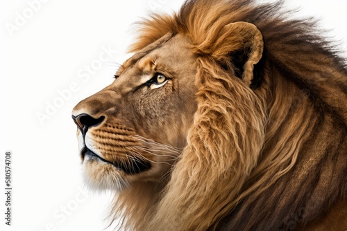 Close up of the roaring profile of a 10 year old lion  Panthera Leo  on a white background. Generative AI