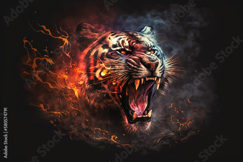 Tiger roar red fire and smoke background. Generative AI