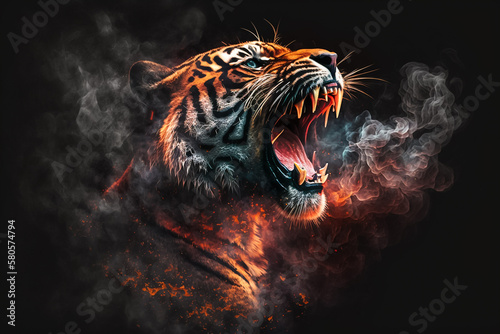 Tiger roar red fire and smoke background. Generative AI