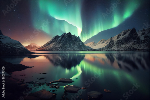 A stunning natural scene of the northern lights or aurora borealis over a Scandinavian fjord or mountain range. Generative AI technology.