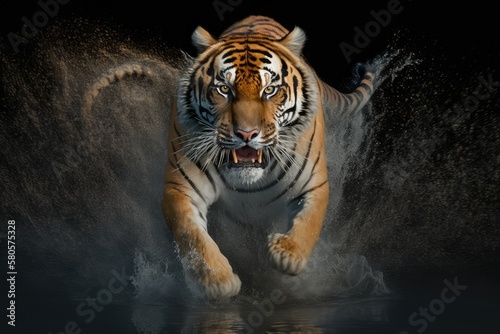 Siberian tiger, Panthera tigris altaica, taken from a low angle and looking straight at the camera while running through water and splashing water around. A predator attacking in action. Tiger in taig © AkuAku