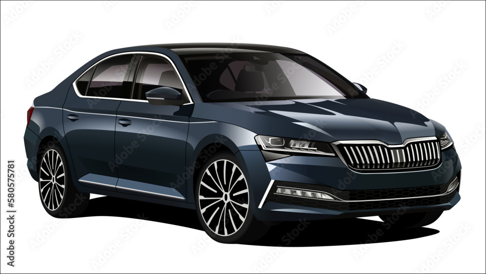 Realistic vector isolated sedan in dark blue with gradients