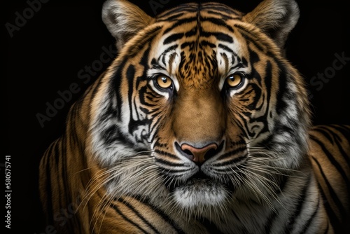 Close up of a tiger, big cat on black background, looking at the camera. Generative AI