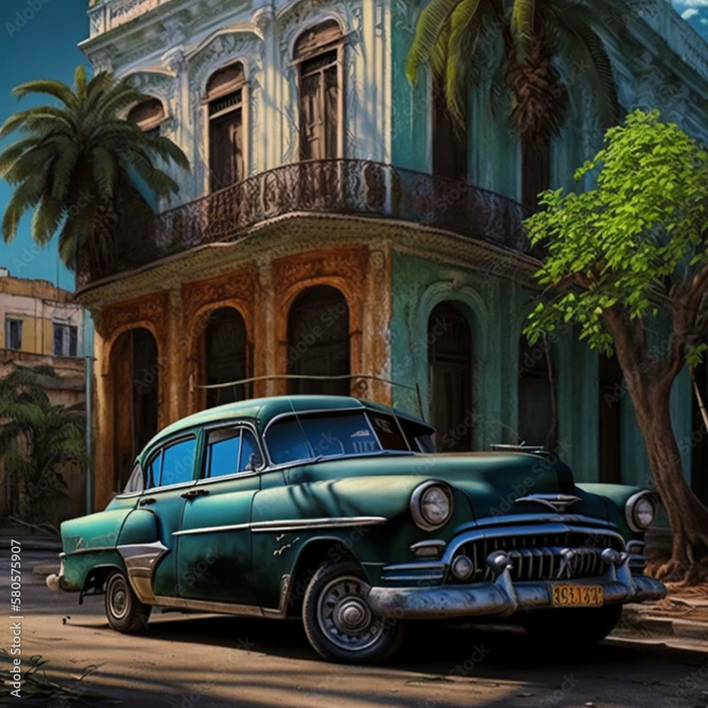 Illustration of a car in Havana, Cuba. Generative AI.