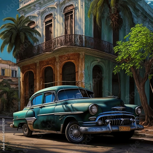 Illustration of a car in Havana, Cuba. Generative AI. © DALU11
