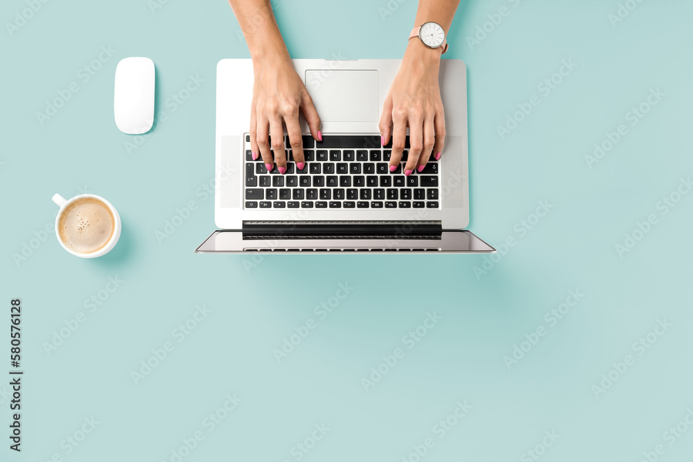 Woman working in modern office. Top view
