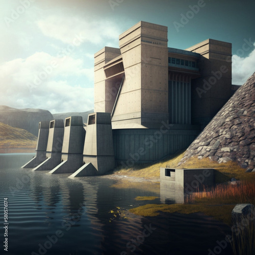 Dam of a reservoir. Generative AI.