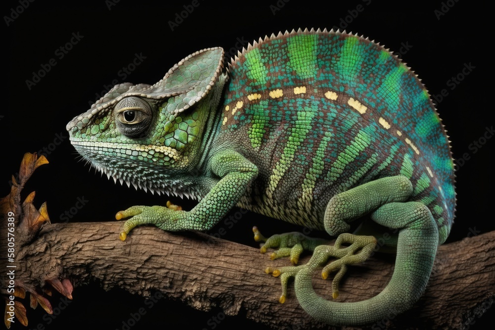 Obraz premium Chameleon on a branch Chamaeleo calyptratus. Generative AI