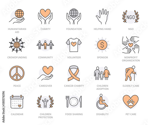 Charity flat line icons set. Donation, nonprofit organization, NGO, giving help vector illustrations. Outline signs for donating money, volunteer community. Orange color. Editable Stroke photo