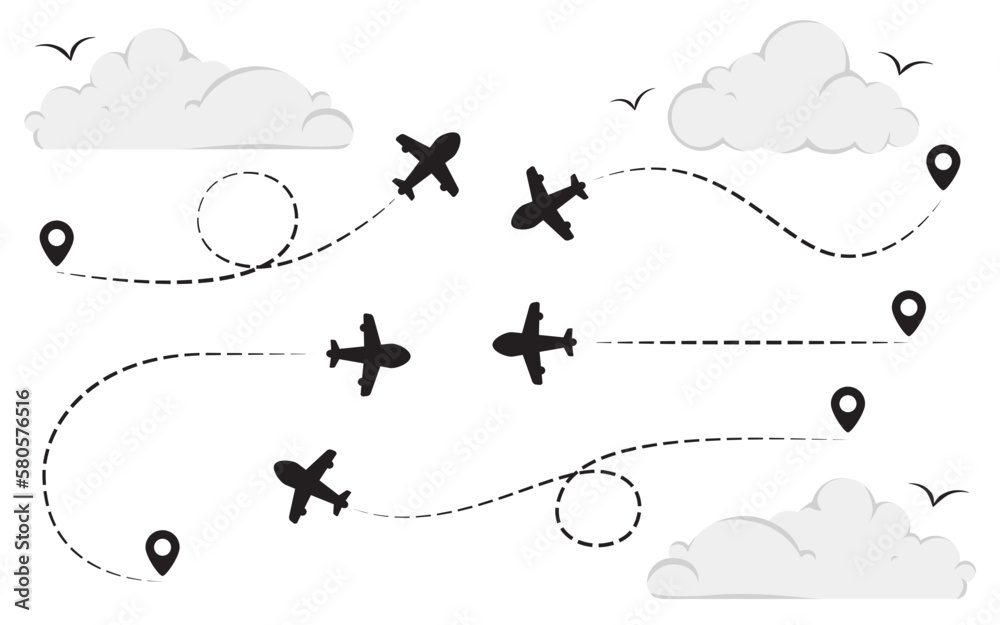 Travel Route Airplane. Vector illustration of airplane flight route with cloud and bird around isolated on white background Travel Route Airplane. Vector illustration of airplane flight route with cloud and bird around isolated on white background