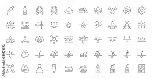 Obraz Skin care line icons set. Moisture cream, acid, anti wrinkle serum, ceramide, collagen, retinol compound, sunscreen vector illustration. Outline signs for skincare products property. Editable Stroke