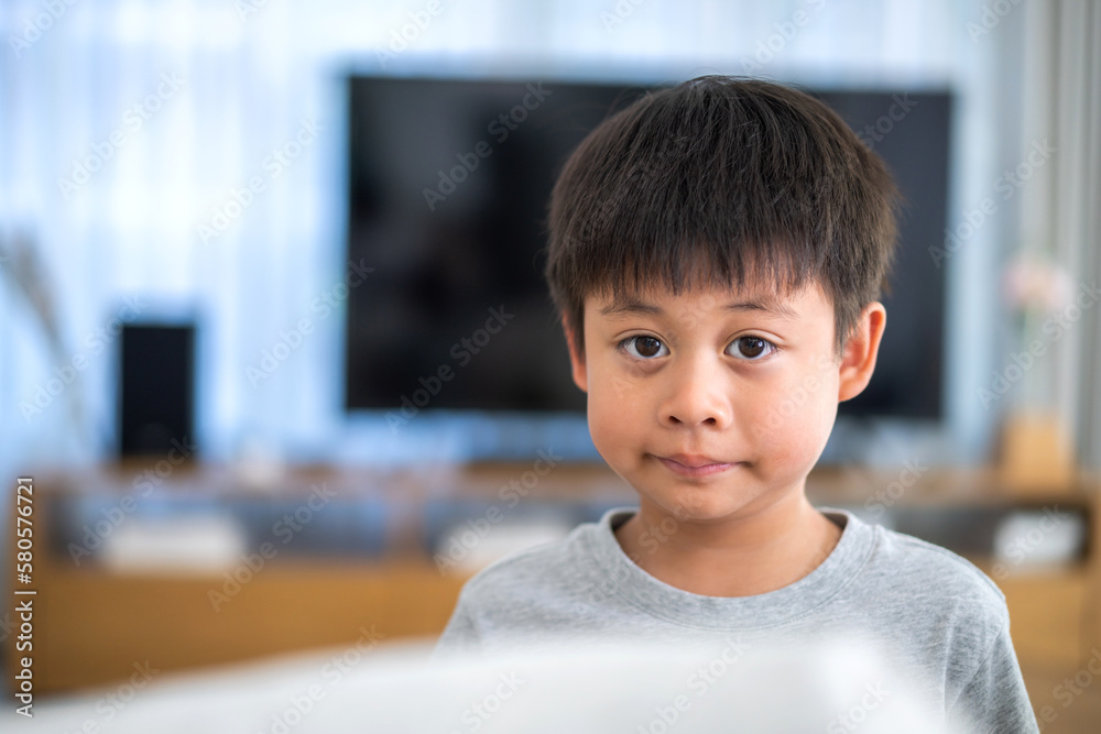 Portrait of happy smiling kid little child asian boy son having fun look at camara sitting on sofa at home.Education