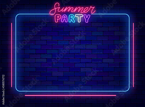 Summer party neon frame. Season event. Night club shiny advertising. Vector stock illustration