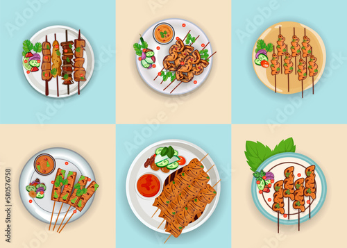 Big Set Of Asian Food Satay Illustrations Collection  Colorful Satay Vector Design  Premium Hi-Quality Creative Food Satay Illustrations Collection.
