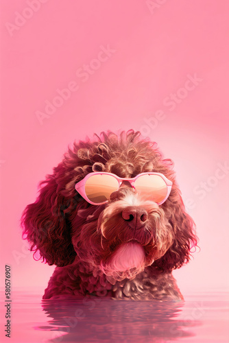 Generative AI illustration of cute Toy Poodle wearing sunglasses in water against pink background