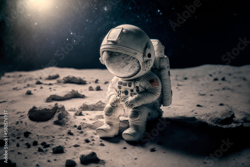 Generative AI illustration of little kid in spacesuit and protective helmet sitting on ground of moon against starry dark sky with glowing stars