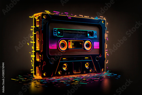 Generative AI illustration of vintage cassette tape decorated with neon colorful lines placed on dark background