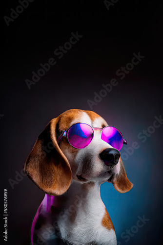 Generative AI illustration of cool beagle brown and white dog with big ears wearing purple sunglasses standing against dark background