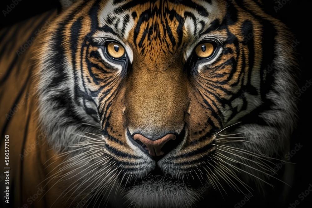 Fototapeta premium Detail of a close up portrait of a Sumatran tiger, Panthera tigris sumatrae, a rare subspecies of tiger that lives on the island of Sumatra in Indonesia. Generative AI