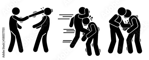 icon people are fighting. robbery. beating. brawl. pictogram, stickman and stick figure 