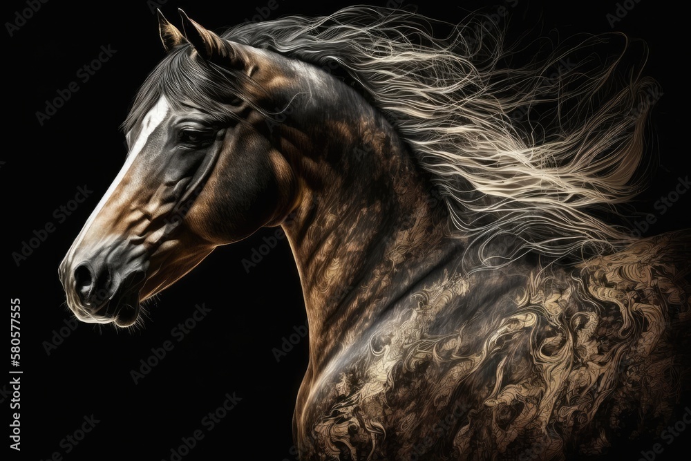 The horse is brown, and the background is black. Generative AI