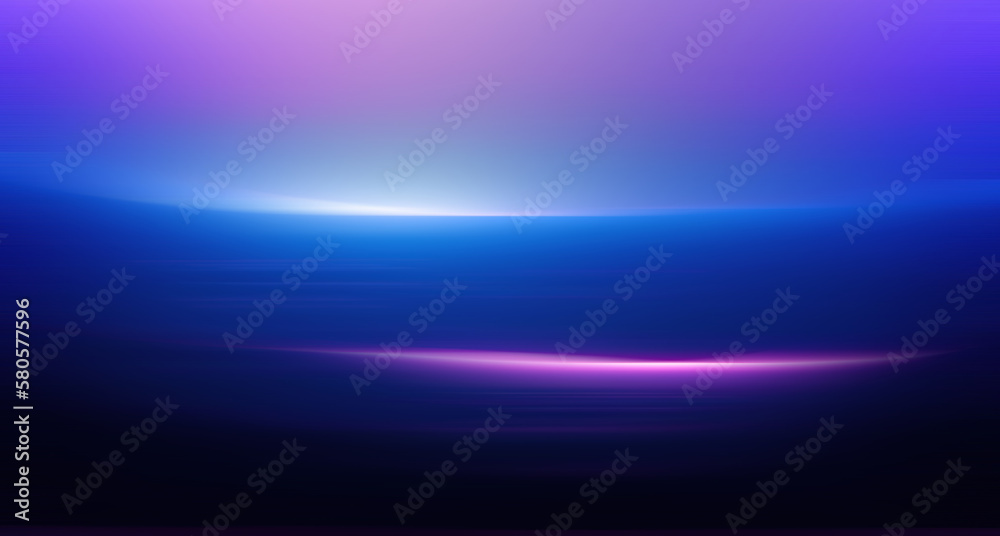 Neon water space. Blurred background. Color gradient. Digital art luminous blue purple light glare layers and lines graphic design illustration.