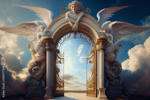 Heaven: A common depiction of the afterlife in many religions, often portrayed as a serene and peaceful paradise with clouds, angels, and golden gates. Generative AI technology. photo