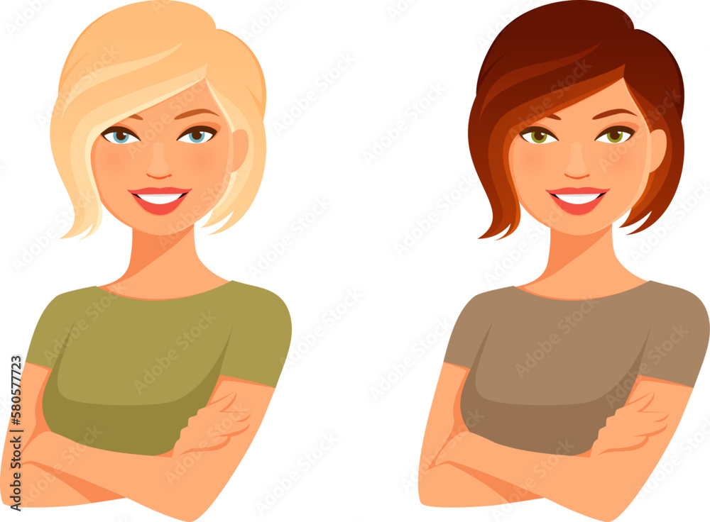 illustration of a happy young woman with blonde or brown hair, smiling with her arms crossed. Cartoon character. illustration of a happy young woman with blonde or brown hair, smiling with her arms crossed. Cartoon character.