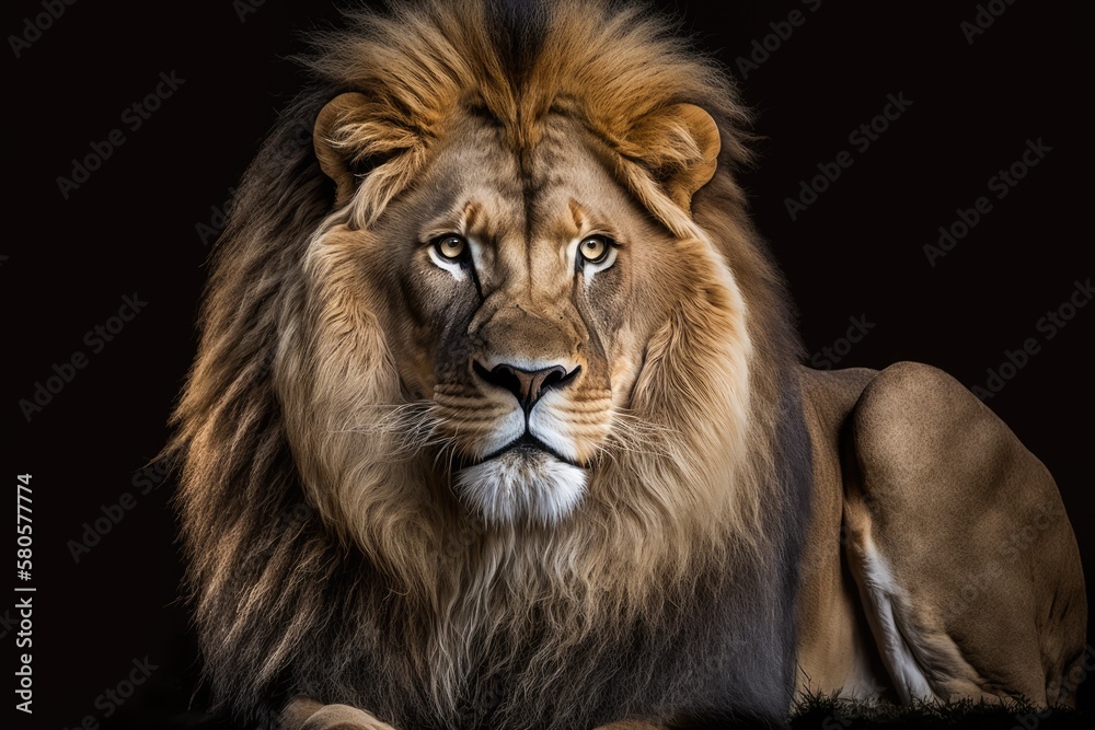 Panthera leo, a picture of an adult male lion looking at the camera, on black. Generative AI