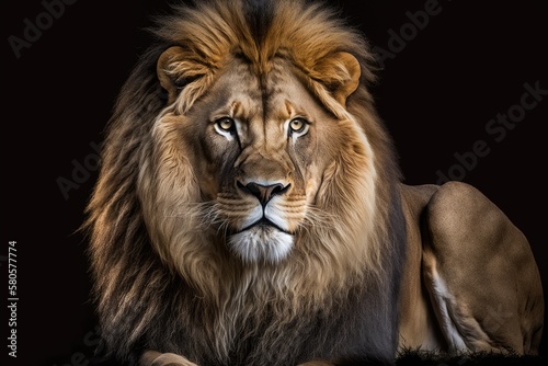Panthera leo  a picture of an adult male lion looking at the camera  on black. Generative AI
