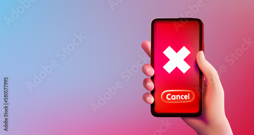 Button to confirm the cancel in the phone, the hand holds the device. Vector