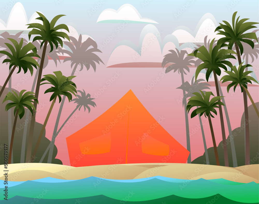 Orange tourist tent. Broken camp. Recreation in the wild. Beach sand near surf. Tropical forest with palm trees. Cartoon fun style. Flat design. Vector