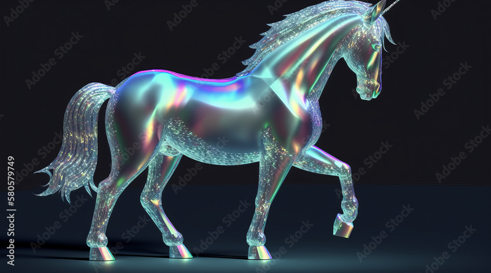 Crystal horse on a black background. fabulous unicorn