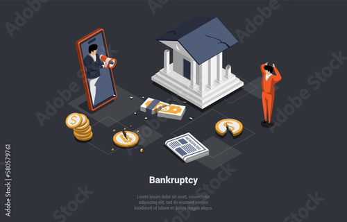 Financial Crisis, Default, Unemployment, Debts, Bankruptcy. Bank Financial System Collapse And Business, Devaluation, Unpaid Loan. Man Is Holding His Head From News. Isometric 3D Vector illustration