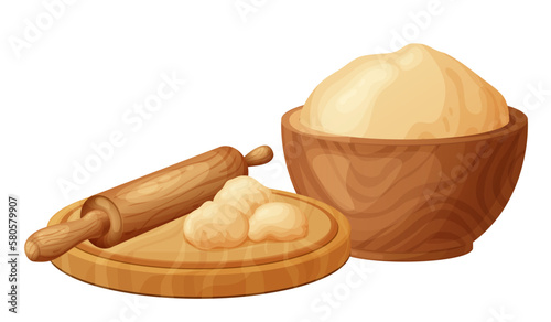 Fresh raw dough for bakind. Homemade tasty bread. Cartoon of wooden kitchen rolling pin. Vector illustration for menu, cafe, restaurant
