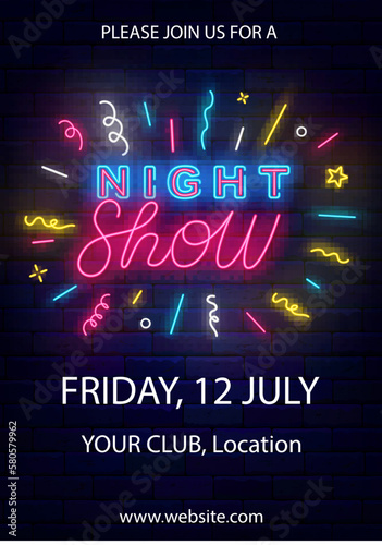 Night show neon flyer. Vertical poster template. Confetti firework. Evening performance banner. Vector illustration