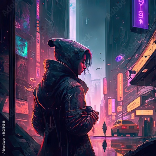 Beautiful neon night in a cyberpunk city. Photorealistic