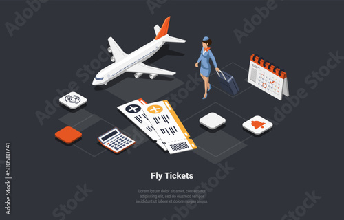 Fly Tickets Buy And Travelling By Plane Concept. Stewardess With Luggage In Uniform Boards Plane. Crew Of Aircraft Ready To Meet Passengers On Plane Board. Isometric 3d Cartoon Vector Illustration
