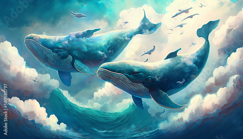 Illustration whales fly over clouds and cities