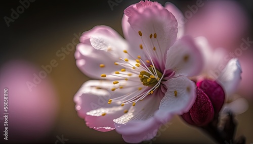 Close up macro photography of a pink cherry blossom. Generative AI