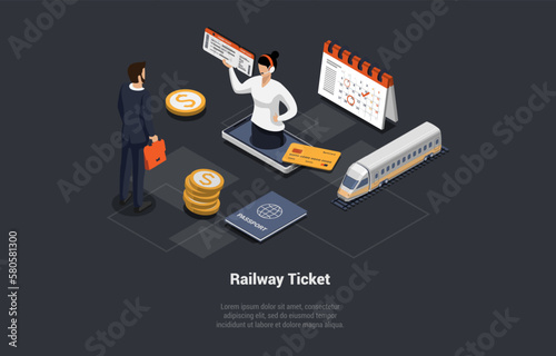 Online Buying Railway Tickets Mobile App, Traveling by Train Concept. Man Passenger Buying Ticket Online For Intercity Train. Seller Give A Ticket From Smartphone. Isometric 3d Vector Illustration