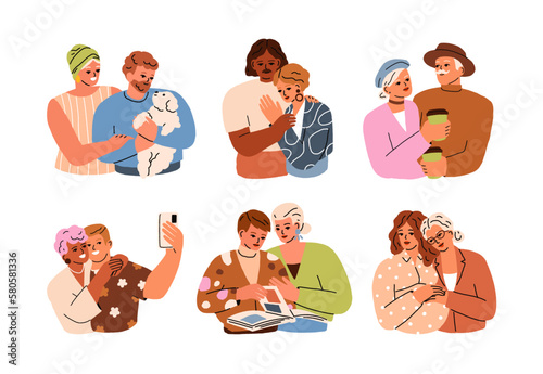 Diverse love couples set. Romantic fond men, women together. Affectionate young and senior characters in sweet moments. Affection and fondness. Flat vector illustrations isolated on white background