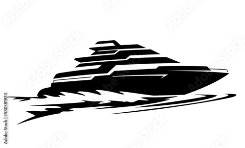 Large Luxury Yacht Silhouette, Splashing Speeding Sea Transport