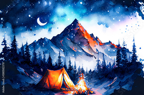 Camping in the mountains under the stars. Watercolor illustration. Generative AI