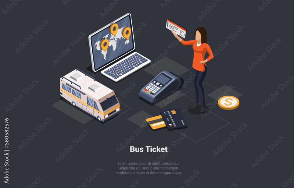 Motorhome Rent, Online Tickets Buy App And Public Transport Concept. Woman Sale Ticket For Bus On The Internet, Female Character Is Holding Ticket In Hand. Isometric Cartoon 3d Vector Illustration Motorhome Rent, Online Tickets Buy App And Public Transport Concept. Woman Sale Ticket For Bus On The Internet, Female Character Is Holding Ticket In Hand. Isometric Cartoon 3d Vector Illustration