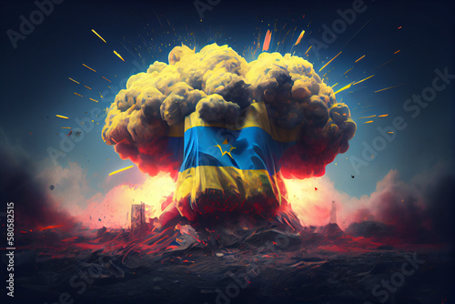 An illustration of a Ukrainian flag held high, with a backdrop of explosions and chaos, sGenerative AI technology	 photo