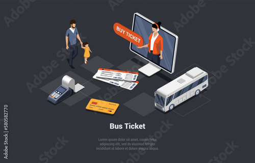Tickets Buy App And Public Transport Concept. Male Character Buying Tickets At Online Ticket Office. Father And Daughter Buy Tickets Online On City Bus Stop. Isometric Cartoon 3d Vector Illustration